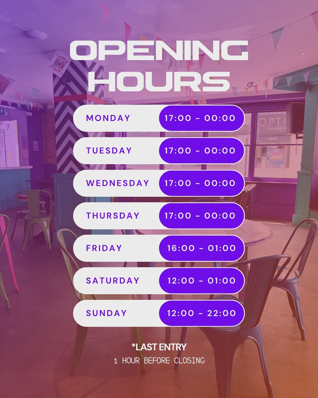Update for our opening hours as we head into the colder months 🙂
**Please take not that last entry is 1 hour before closing every day**