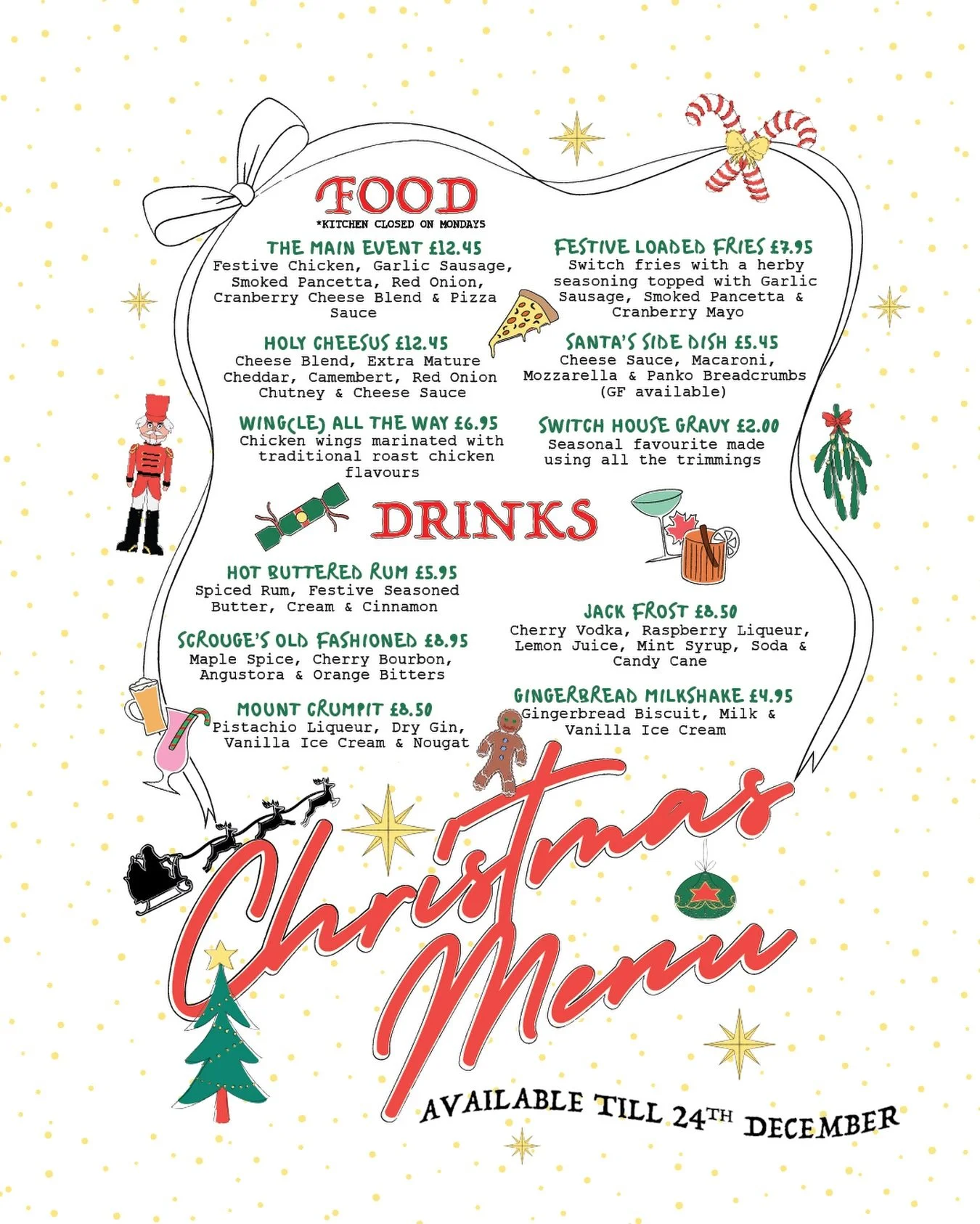 Our festive menu is packed with as much cheese as our Xmas decorations 🎅

mac 'n' cheese 🧀
quad cheese pizza 🍕 
Switch gravy 🍗
Hot buttered rum 🧈

We got your festive fixings for your December Switch fun 😋 

*Kitchen closed Mondays

#switch #sw