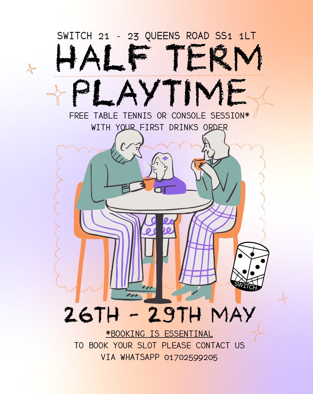 Book your table tennis or game console time slot now! 

#switchsouthend #halfterm #familyfun #supportlocal #smallbuisnesssupport