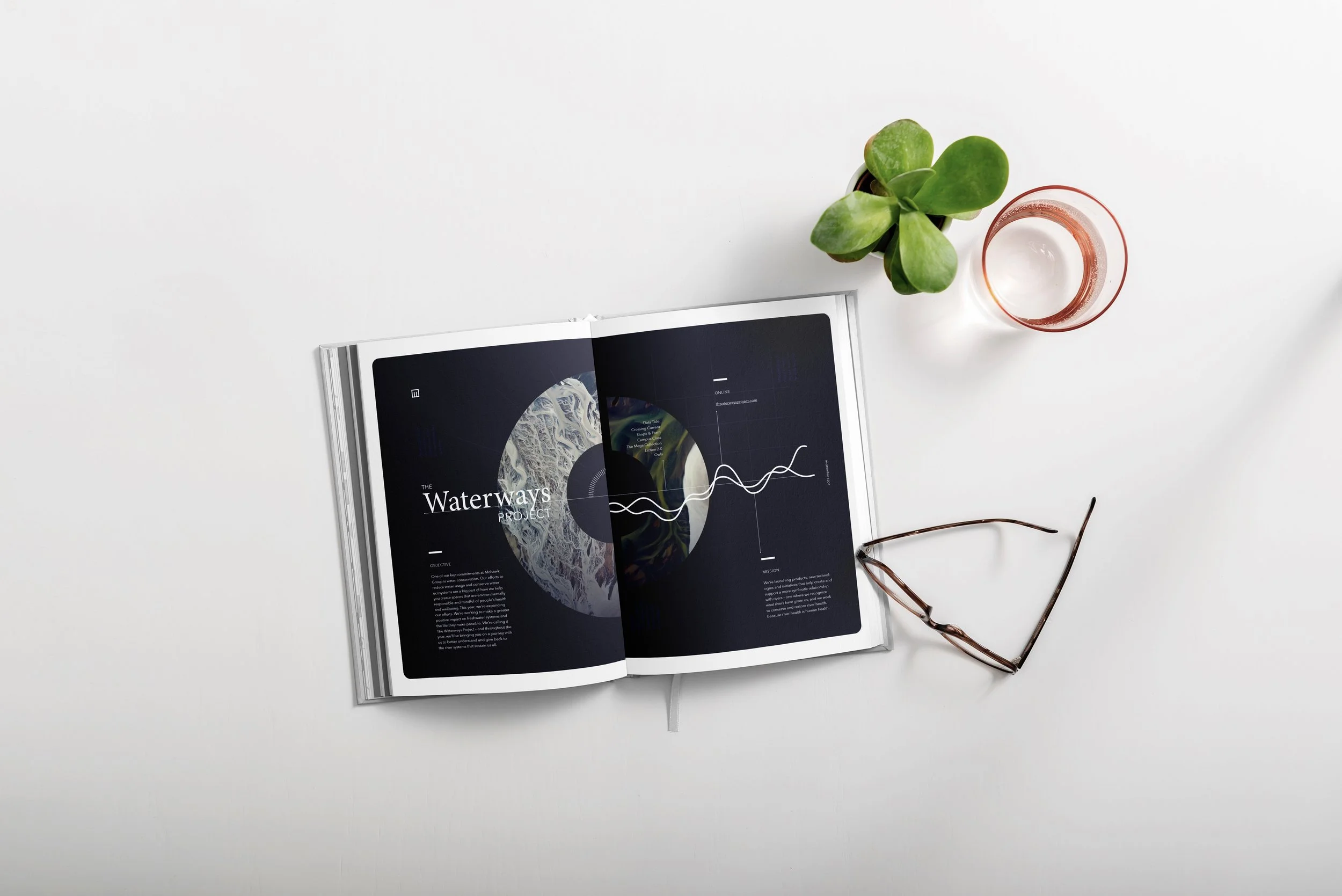 An open magazine displaying a page about waterways with a globe, alongside a potted succulent plant, a glass of water, and reading glasses on a white surface.