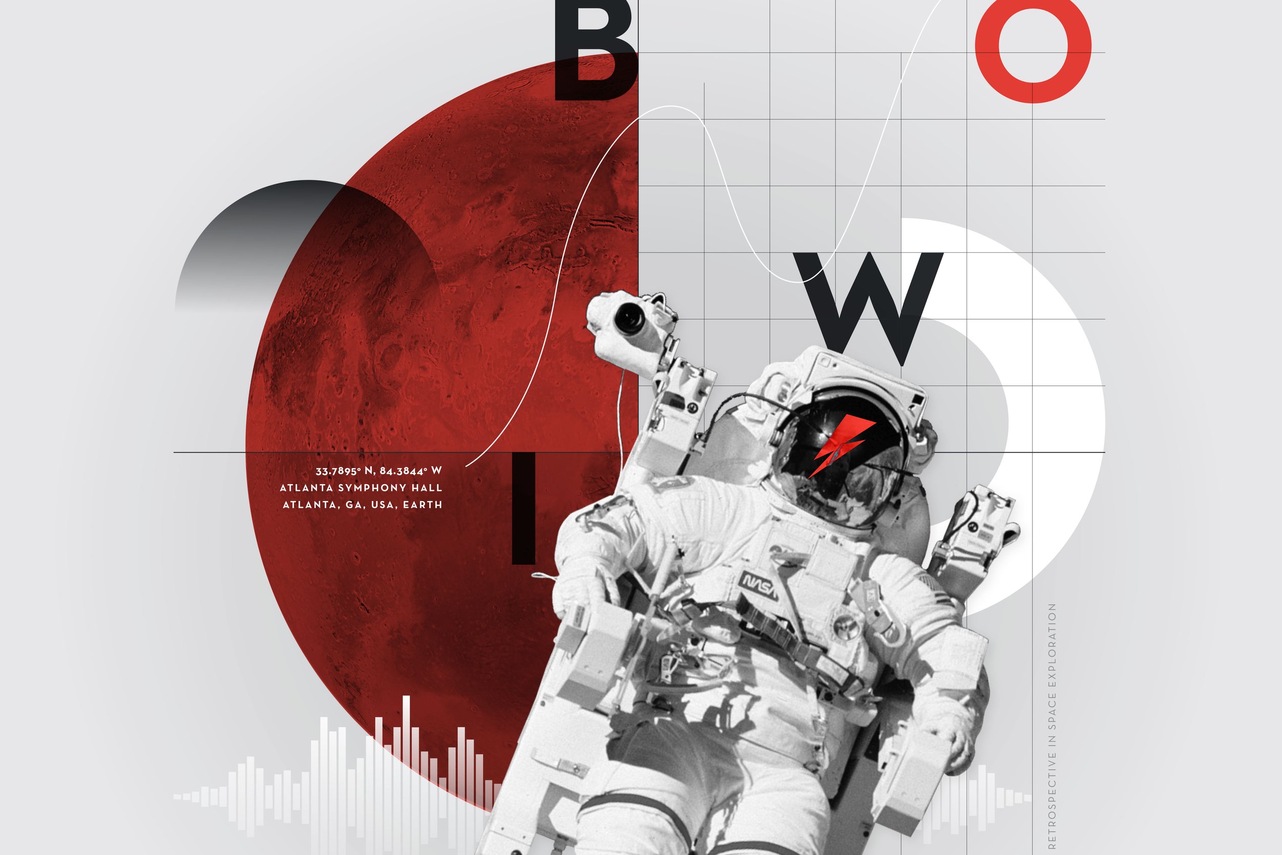 An astronaut in a space suit, holding a lunar module part, standing in front of a digital graphic of Mars and a celestial grid, with large letters B, D, O, and W and location coordinates on the image.