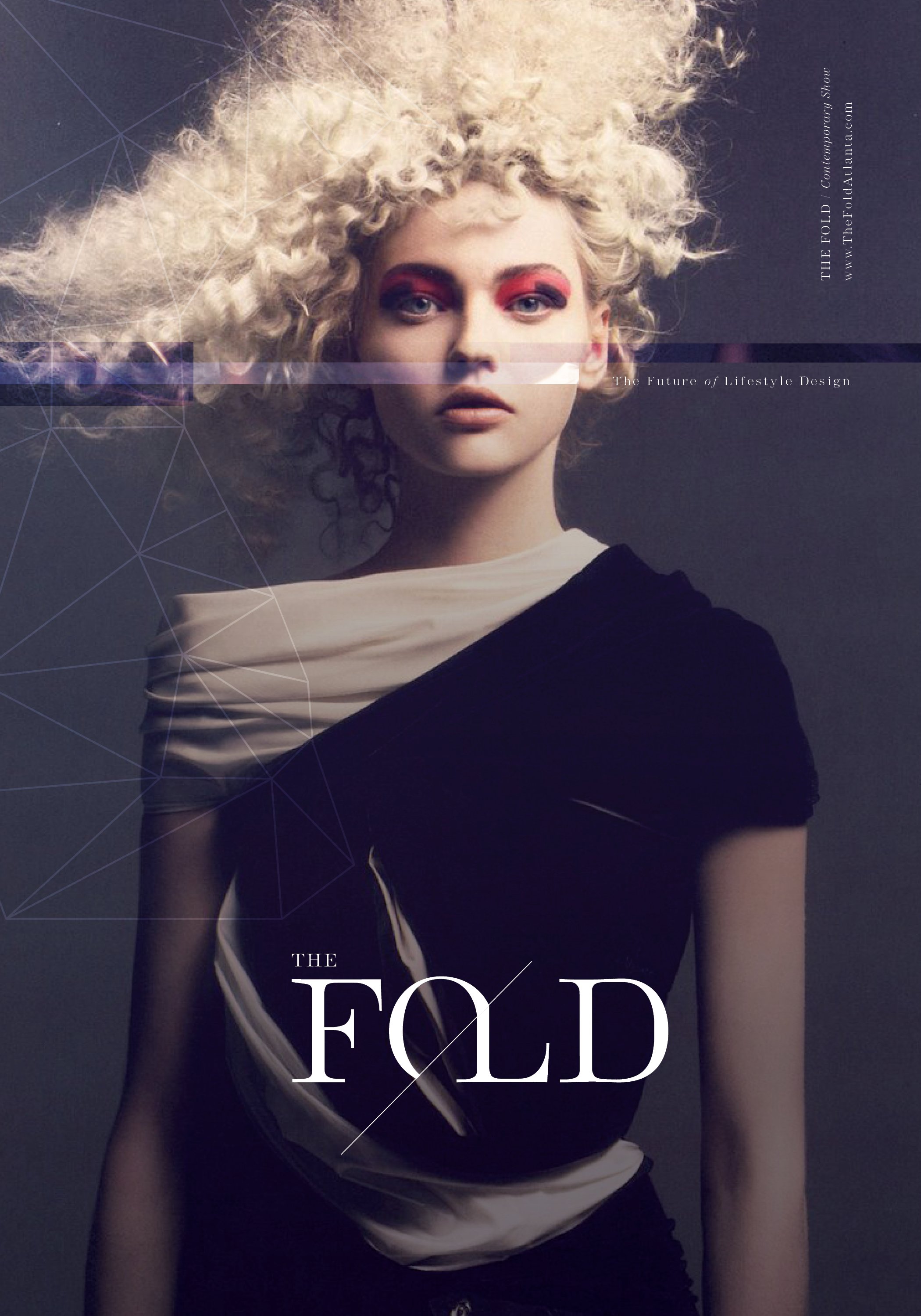Cover of a magazine titled "The Fold" featuring a woman with curly platinum blonde hair, dramatic makeup with red eye shadow, and wearing a black and white garment.