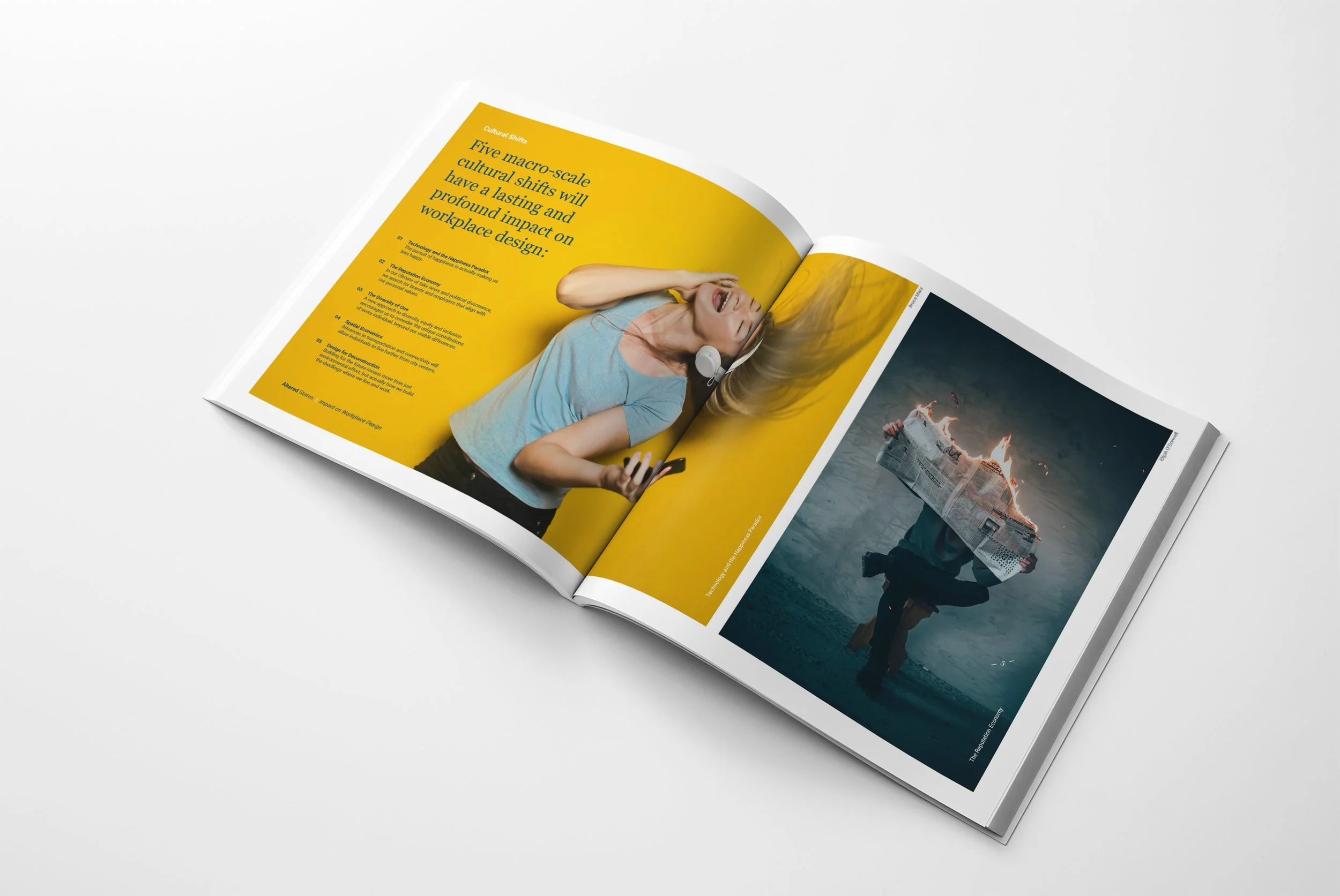 Open magazine with a yellow page on the left showing text and a woman laughing with headphones on, and a photo of a person holding burning newspaper on the right.