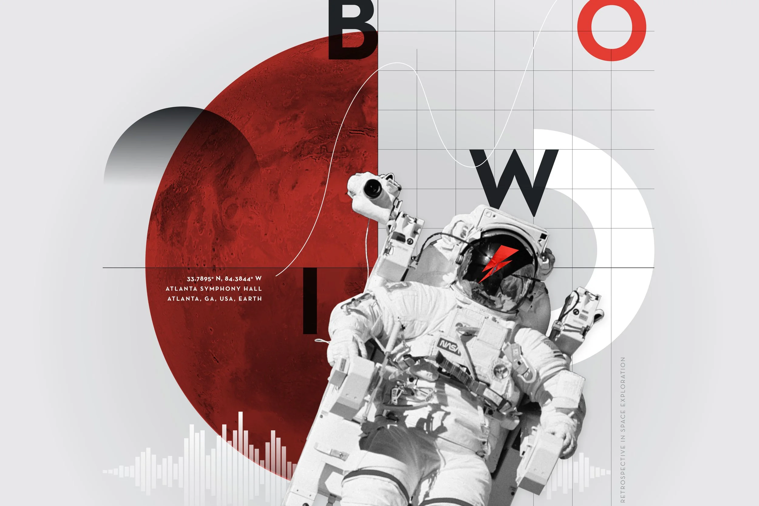 Astronaut in a space suit on a graphic background featuring a large red planet, a stylized line graph, and text indicating the location as Atlanta, Georgia, USA.