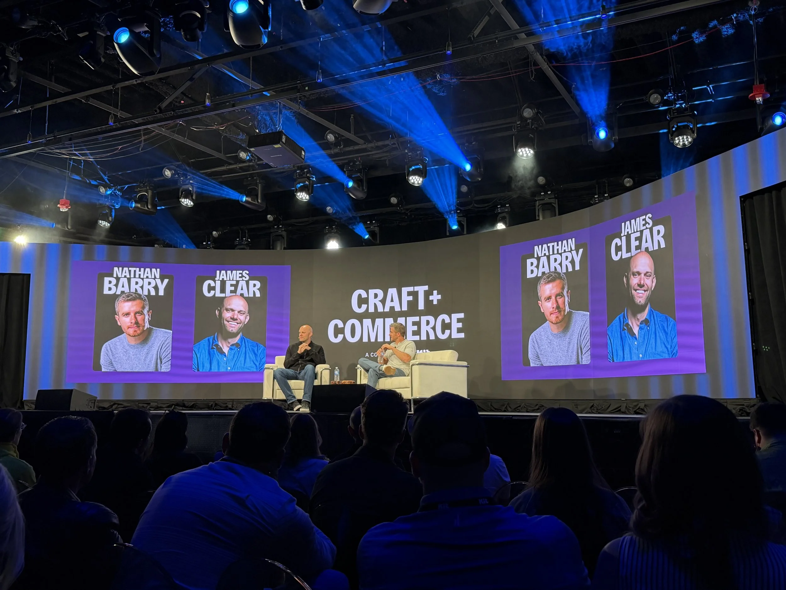 Nathan Barry and James Clear at Craft + Commerce 2026 in Boise, Idaho