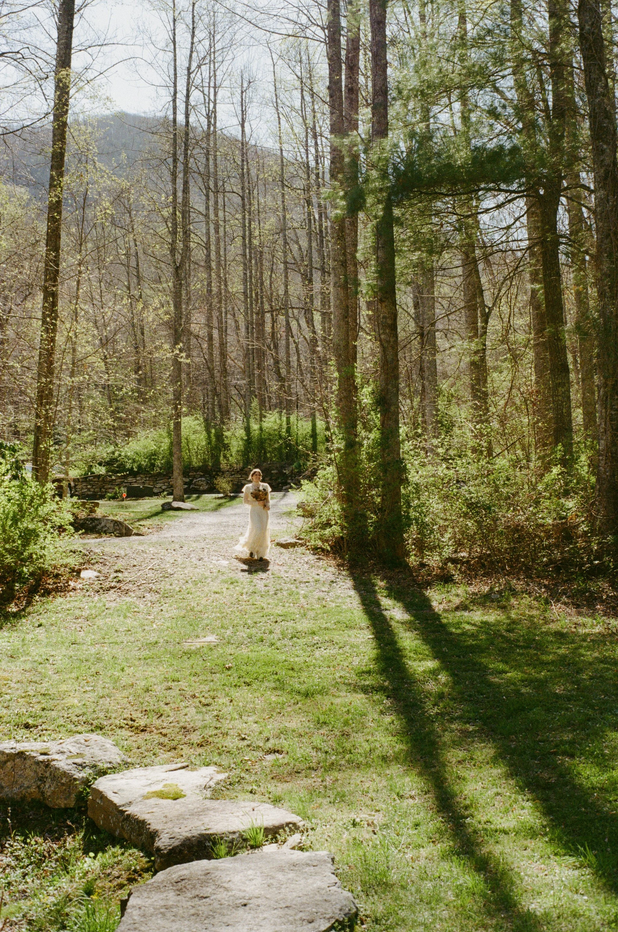 bride walking down aisle forest trees around her in gerton north carolina