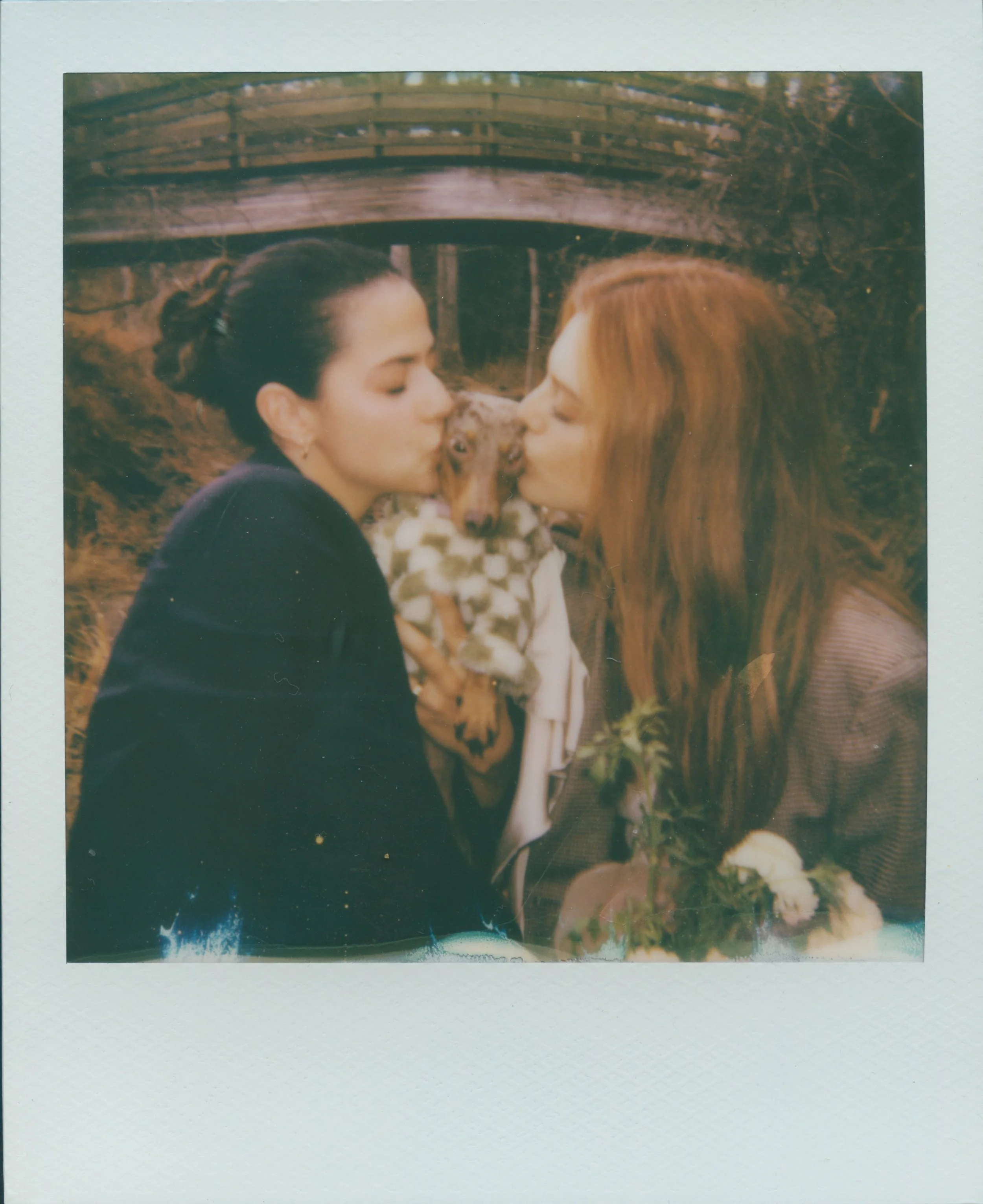 couple kissing their dog captured on a polaroid