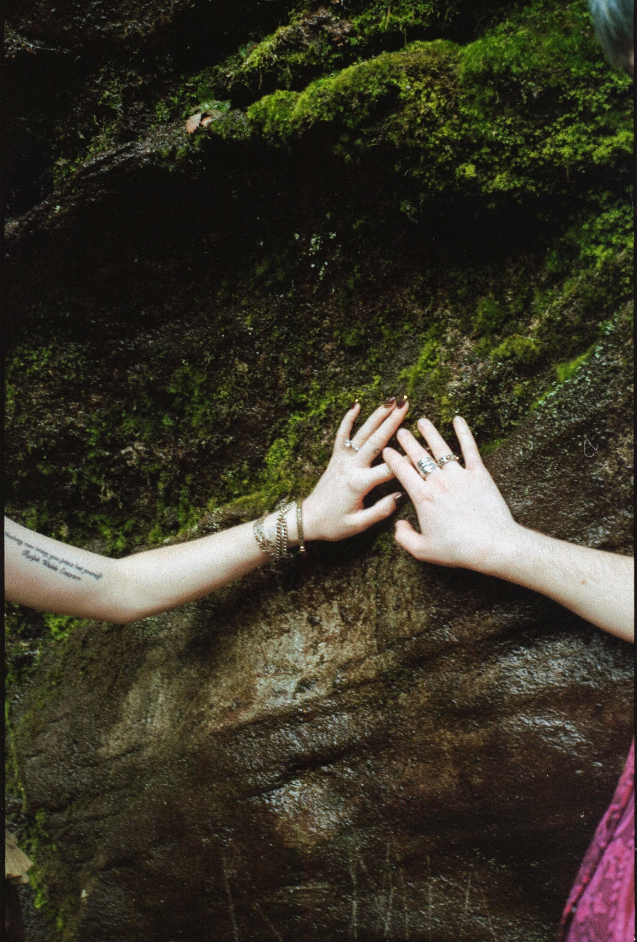 engagement session rings on moss at a waterfall in highlands north carolina