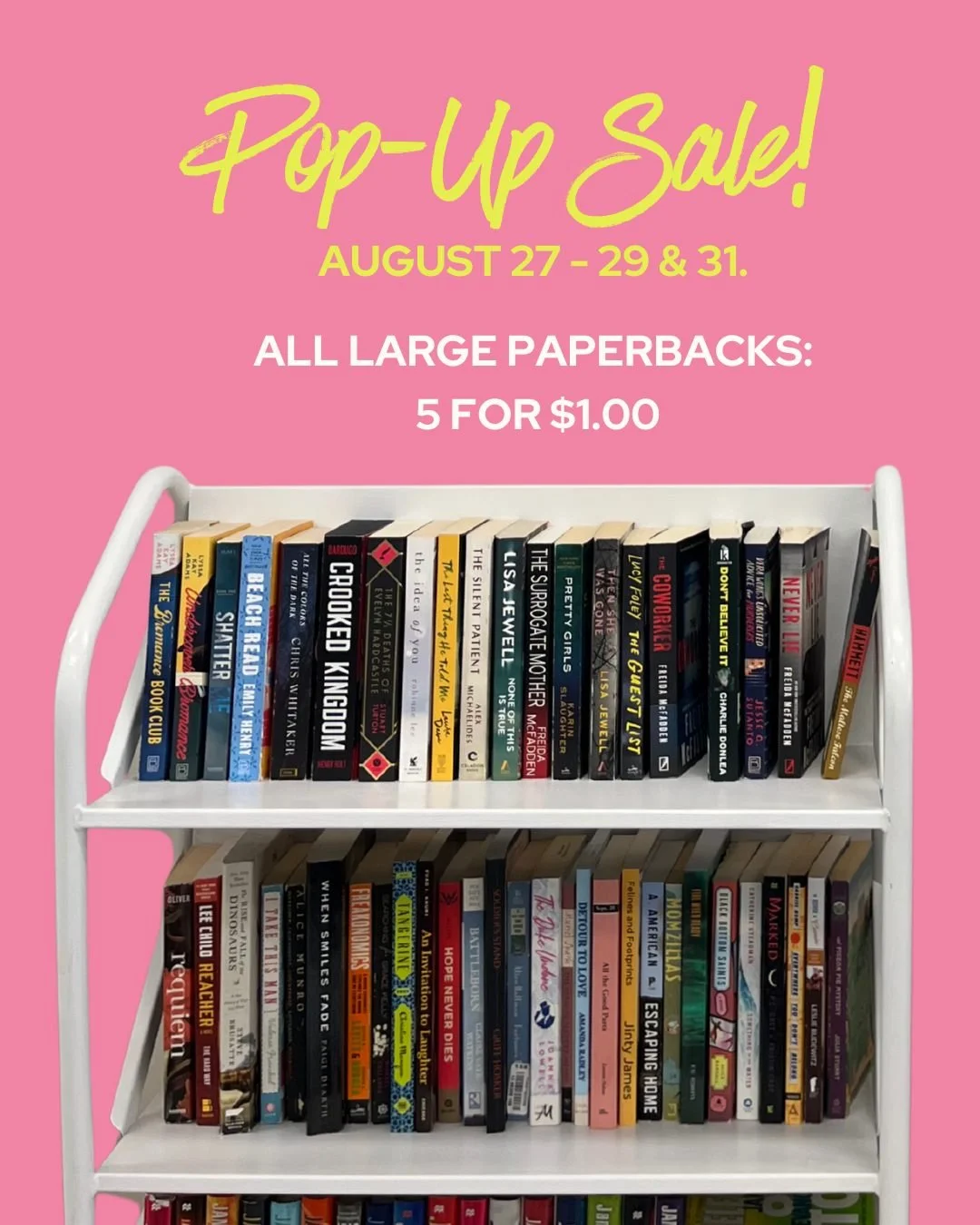 Friends, our little bookstore is bursting at the seams, so we're having a MAJOR pop-up sale!  As you know, sales like this don't happen often here, so we hope to see you there!

🗓 August 27 - 29 &amp; 31.
📕 All large paperbacks are 5 for $1.00
📍Ma