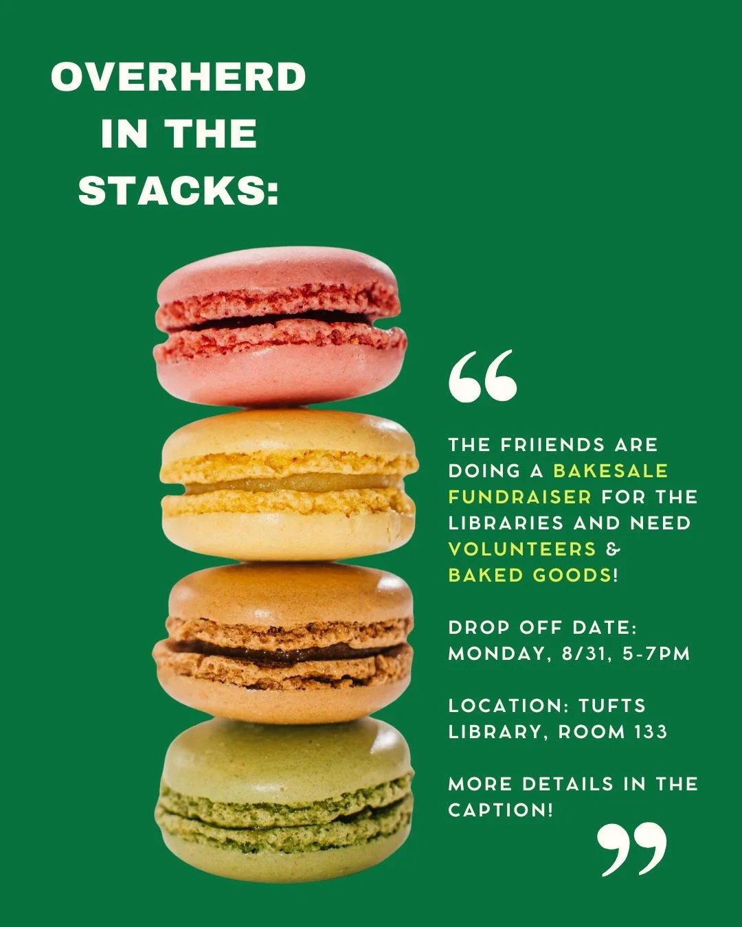 Our bake sale is coming up (September 1st!), and we would love it if you made some sweet treats for us to sell! 

👩&zwj;🍳 Bakers: Baked goods should be identified (chocolate chip cookie, pumpkin bread, etc.) and well wrapped. Please make a note if 