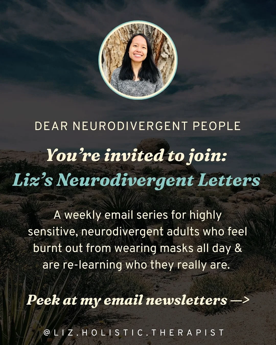 Hello my neurodivergent community! It’s been a while. Liz here. πππ»‍βοΈ These days, the best way to stay in touch is by joining my weekly email series: Liz’s Neurodivergent Letters. 
ππ½ Every week, you’ll receive short &