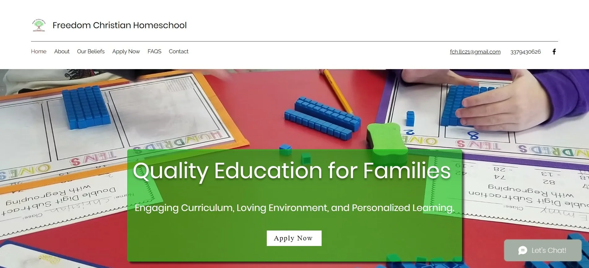 Beginning of Home Page of a SEO optimized website created by a copywriter. Features the business name and logo, site menu, & contact info. Children work at desk in background. Green overlay with words: "Quality Education for Families."