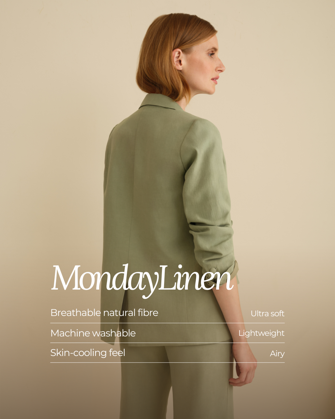 Woman in a green linen jacket and matching pants, standing in profile with a neutral background. Text overlays highlight the fabric features: breathable natural fiber, machine washable, skin-cooling feel, ultra soft, lightweight, airy.