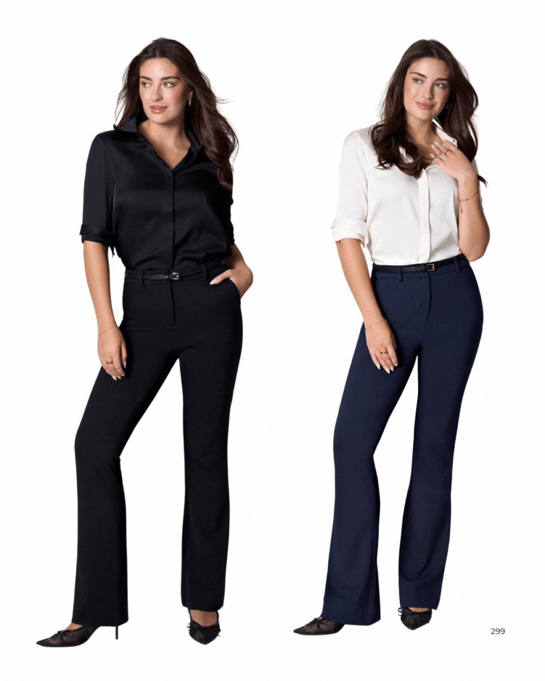 Two women wearing business casual outfits, one in a black shirt and black pants, and the other in a white shirt and navy blue pants, standing against a white background.