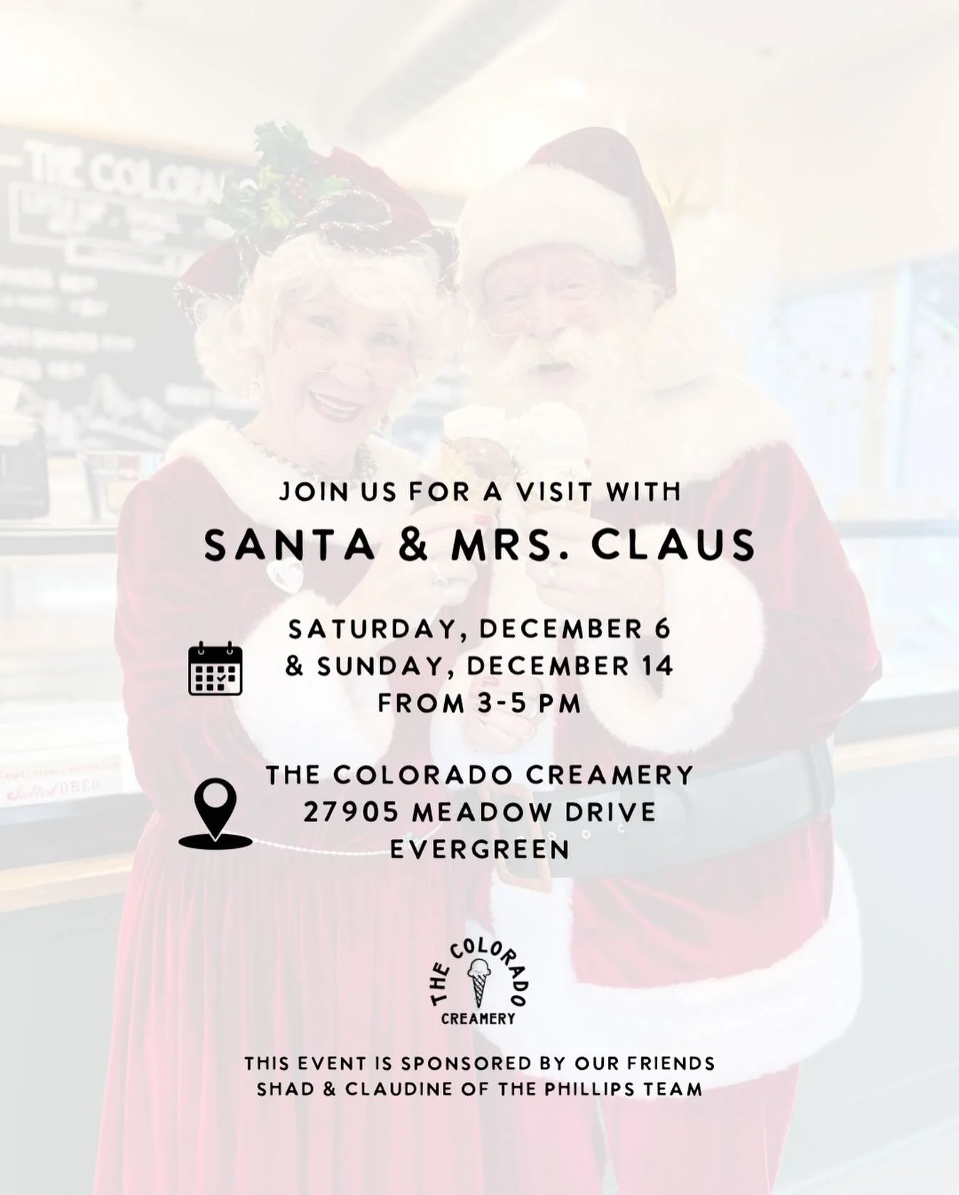 ✨ It&rsquo;s the most wonderful time of the year ✨

Join us on Saturday, December 6 or Sunday, December 14 from 3-5 PM for a visit with Santa &amp; Mrs. Claus. This is a FREE event for our community, kindly sponsored by @evergreenexperience! &hearts;
