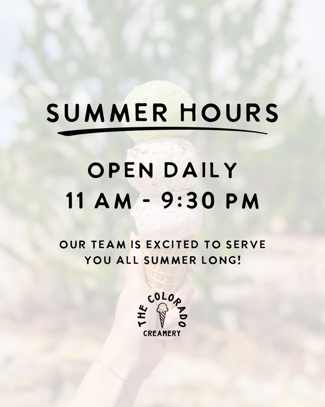 Here comes summer! 🌞 

Beginning tomorrow, May 28, we&rsquo;ll switch to our extended summer hours. Visit us daily from 11 AM to 9:30 PM. We are excited to serve you! 🍦
