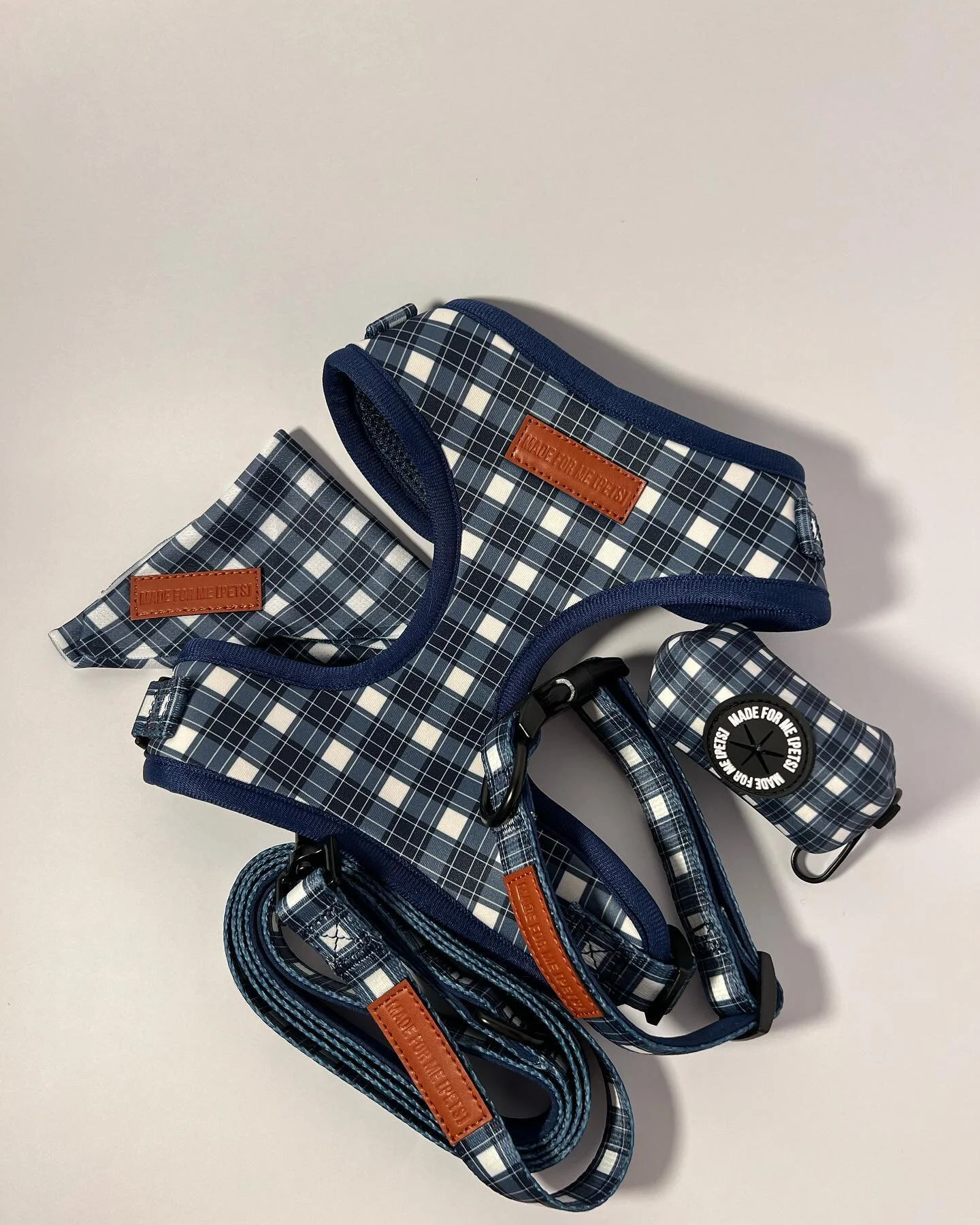 Our navy blue check collection is a classic design for those who like to keep it simple and classy. 
.
#dogsofaustralia #dogsofinstagram #doggo #doglovers #dogaccessories #dogharness #dogcollar #dogleash