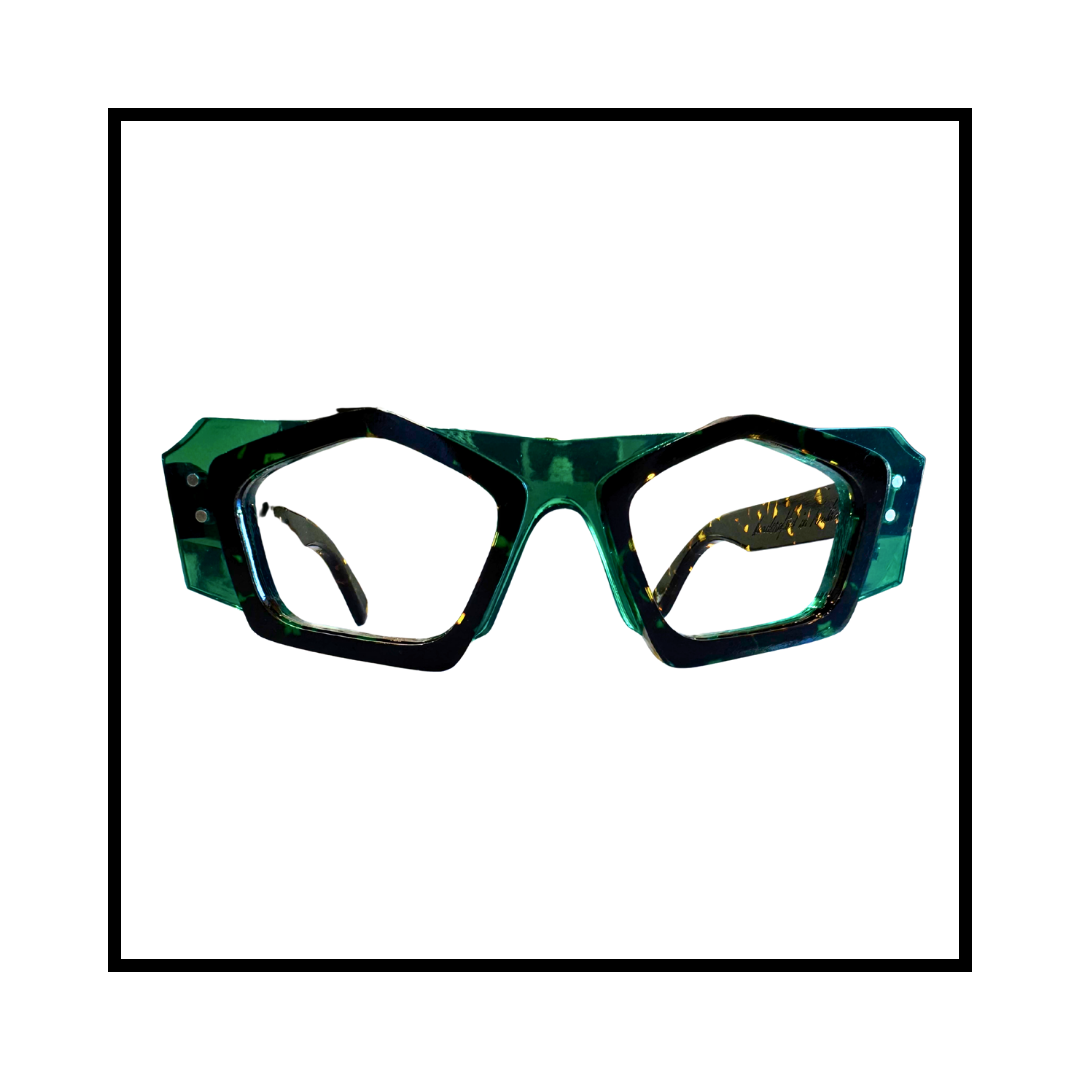 Green and black geometric sunglasses with large frames on a white background.