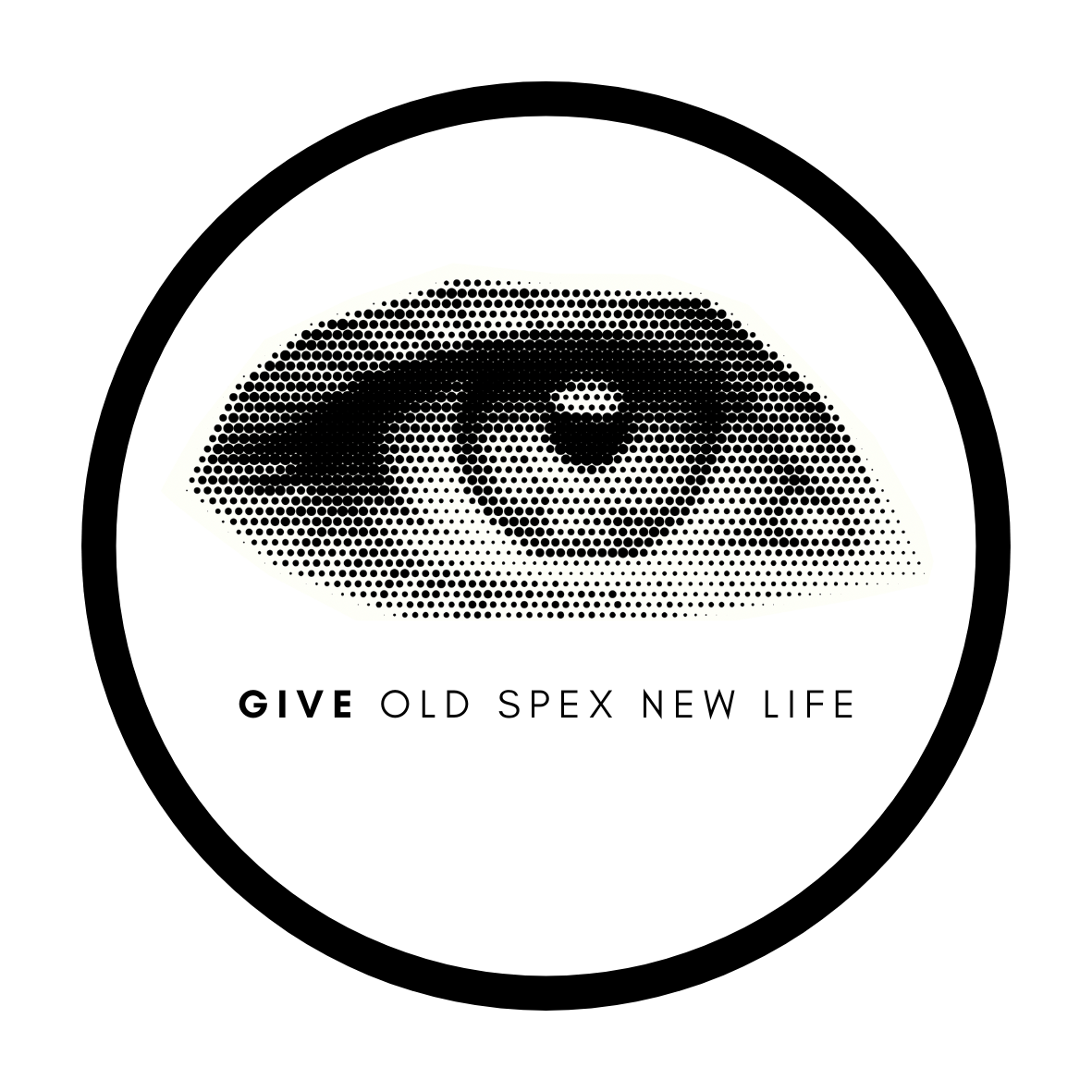 A black and white circular graphic featuring a stylized eye illustration in halftone pattern. Below the eye, the text reads "GIVE OLD SPEX NEW LIFE."