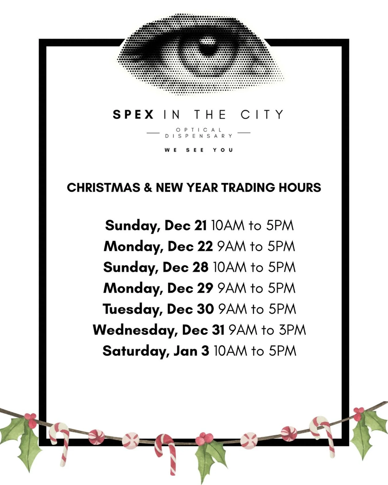 TRADING HOURS FOR THE FESTIVE SEASON!

@spexinthecity_perth is open a few extra days for you to utilise your private health insurance and purchase last minute festive gifts!