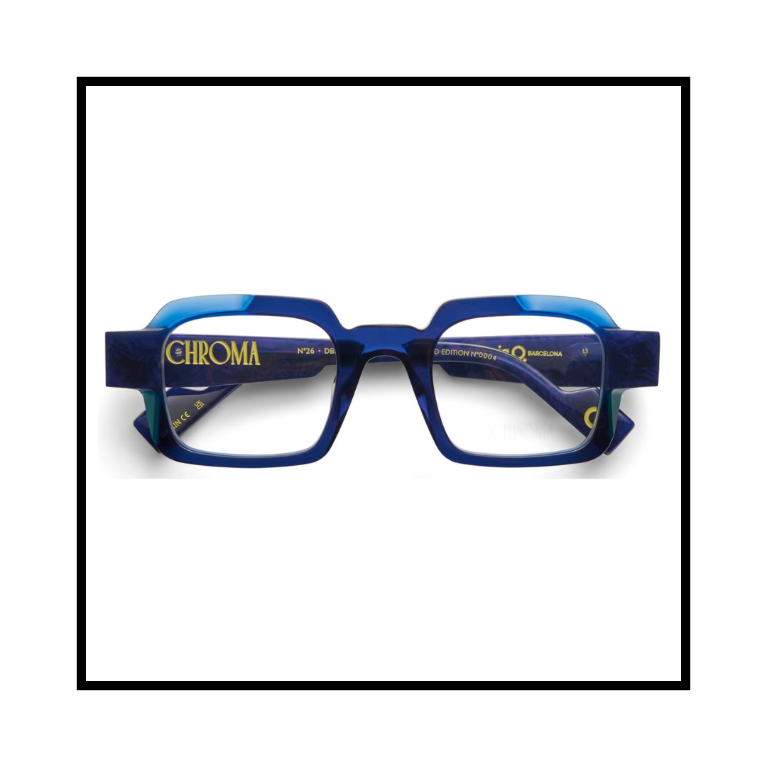 Blue eyeglasses with yellow lettering on the interior
