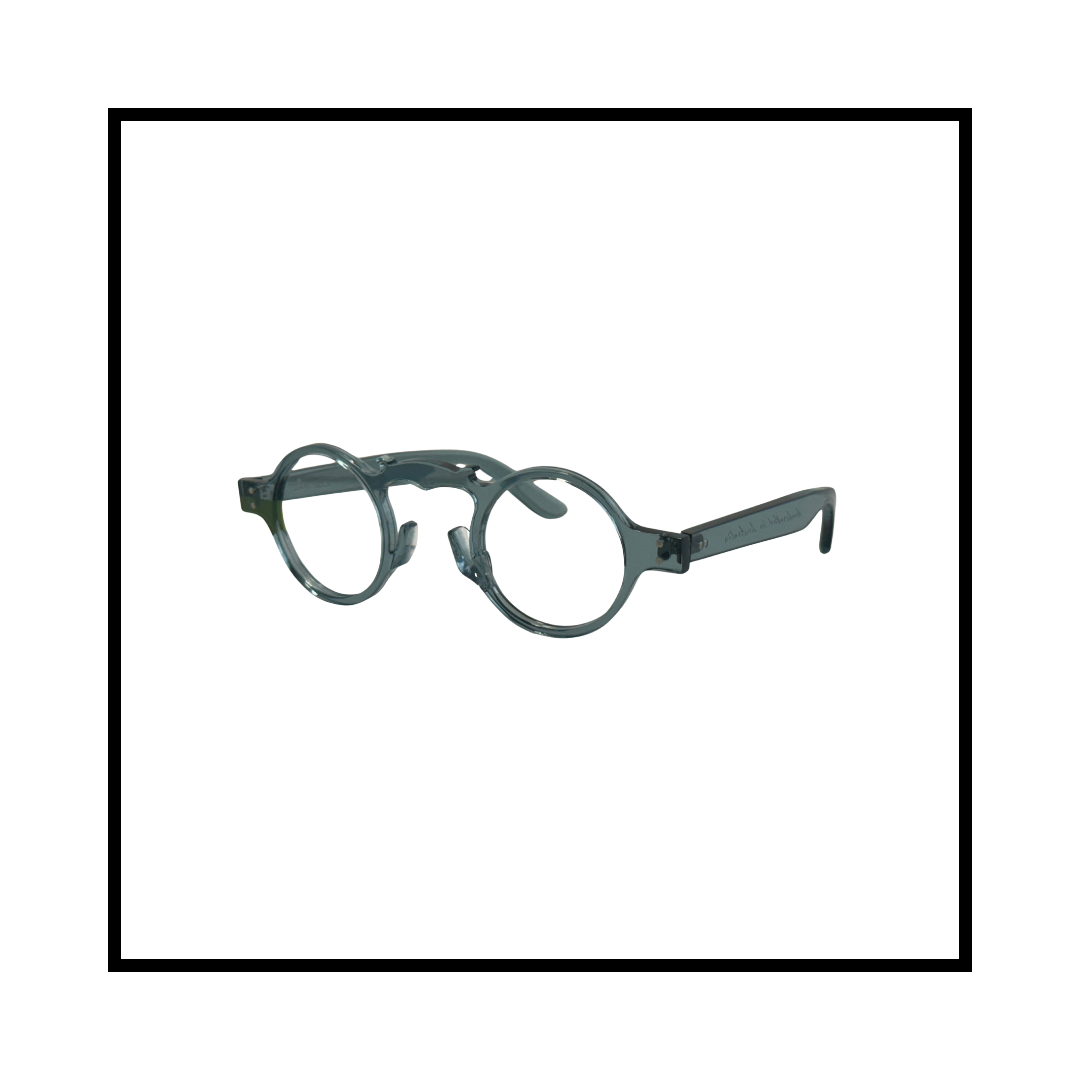 Gray round eyeglasses with dark temples on white background