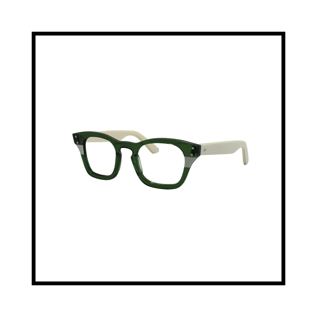 Green and white eyeglasses isolated on a white background.
