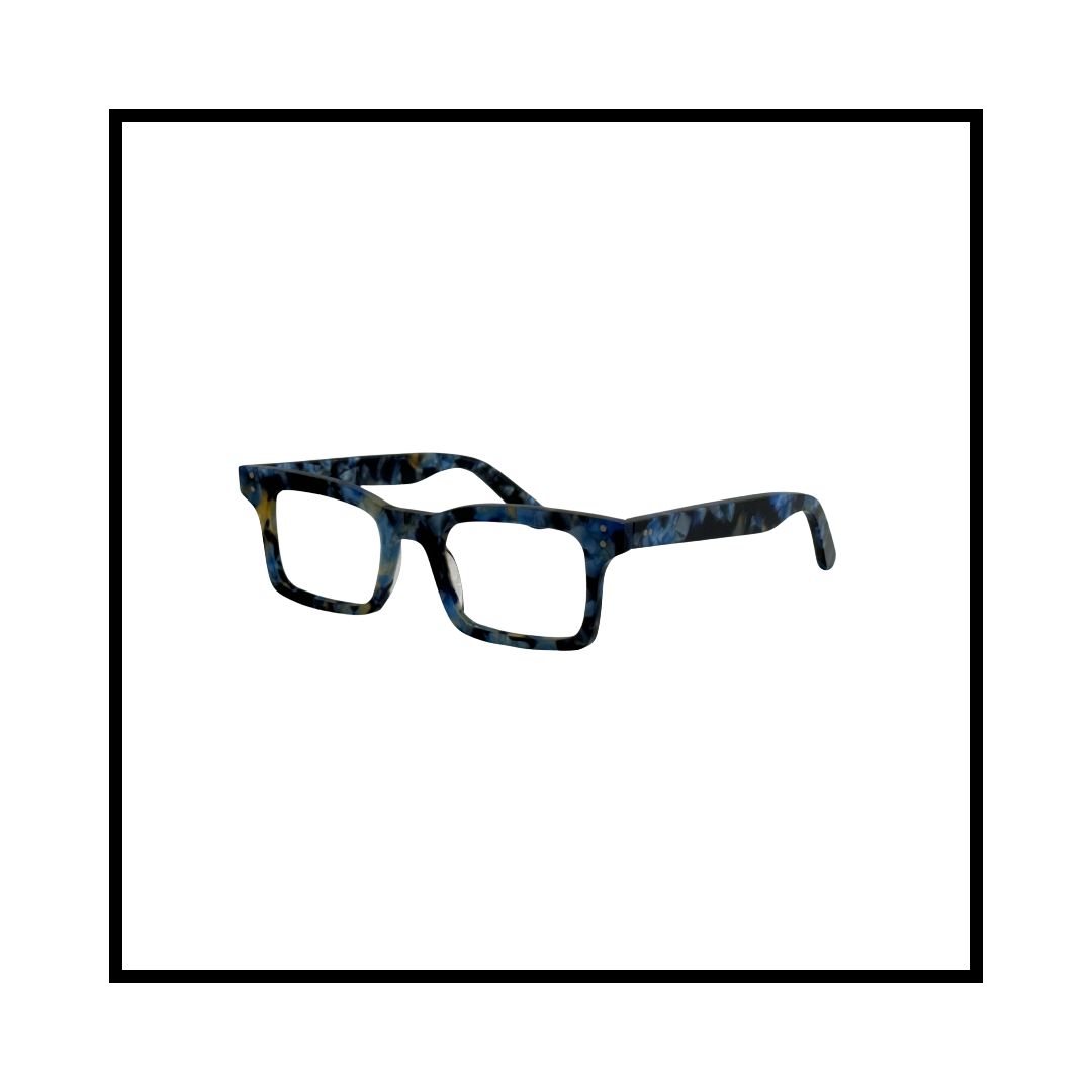 Colorful patterned eyeglasses with rectangular frames isolated on white background.