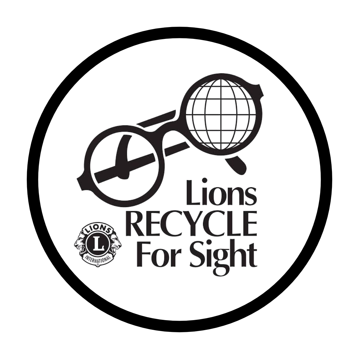 Logo of Lions Recycle For Sight with a pair of glasses containing a globe in place of one lens, and the Lions International emblem.