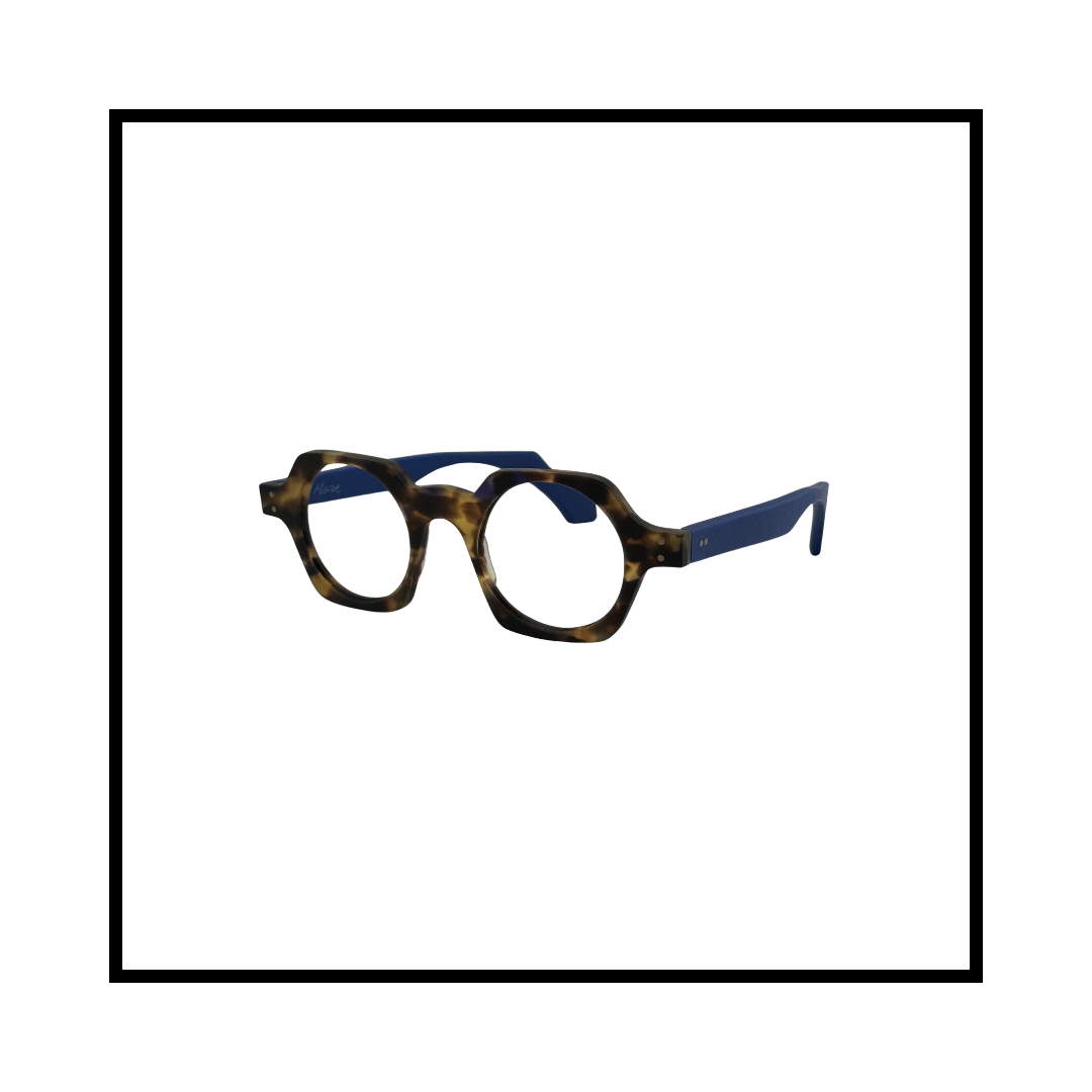 Tortoiseshell and blue eyeglasses on a white background.