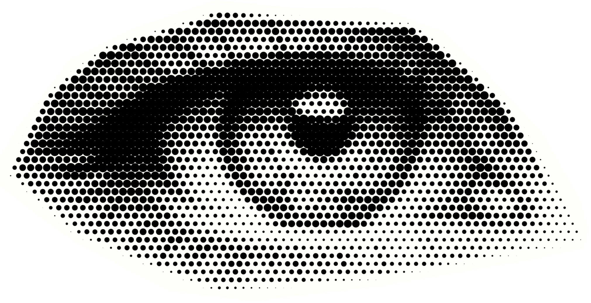 A halftone style close-up of a person's face, focusing on their glasses and eyes, created with black dots on a white background.