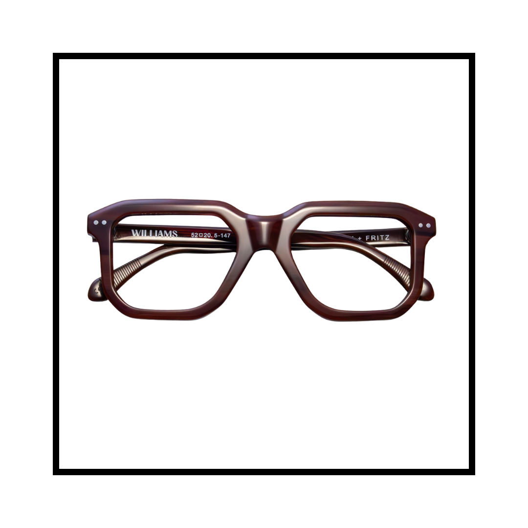 A pair of brown eyeglasses with clear lenses and a thick frame, positioned centered on a white background.