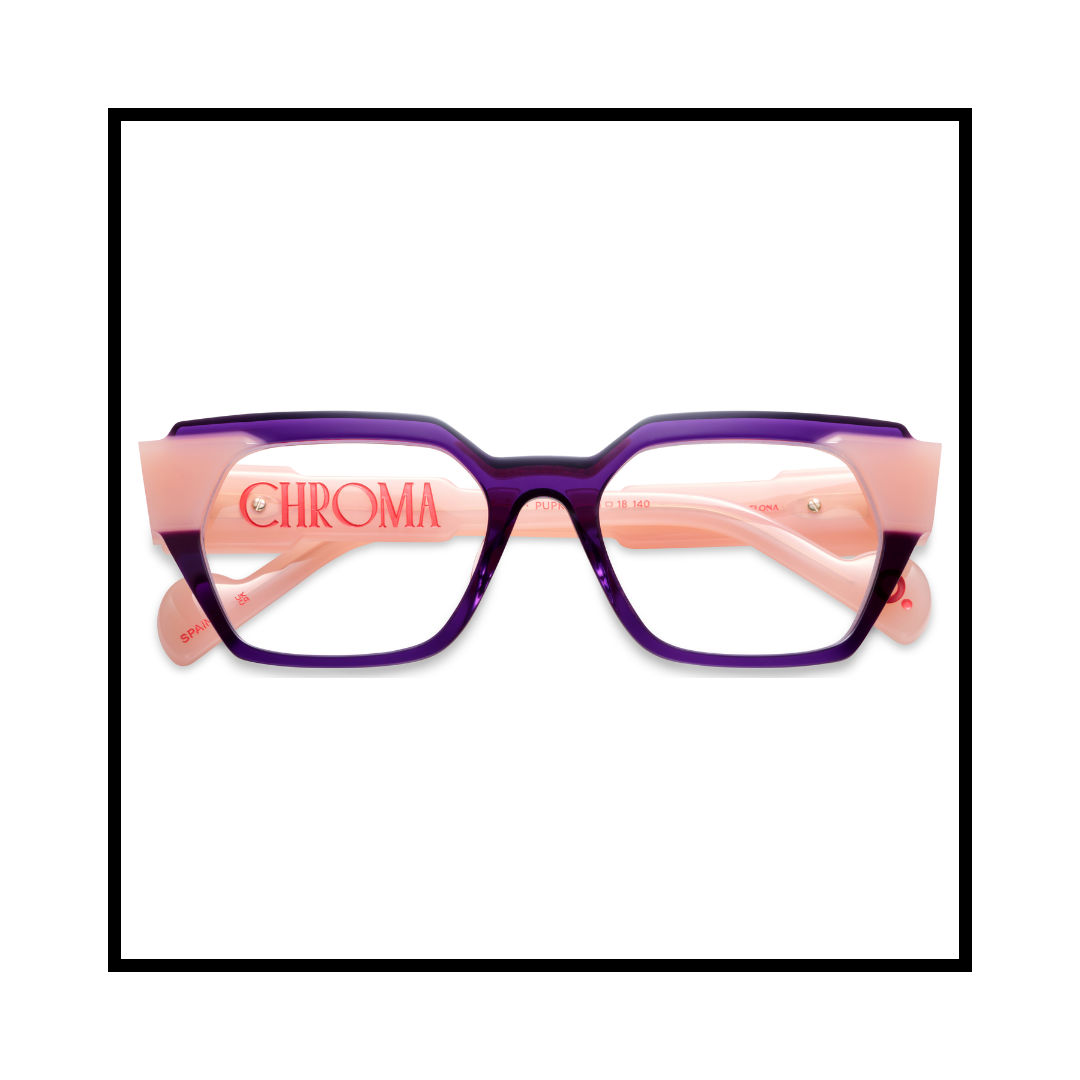 Fashion glasses with a black and pink frame, labeled 'CHROMA' on the inside of the left arm.