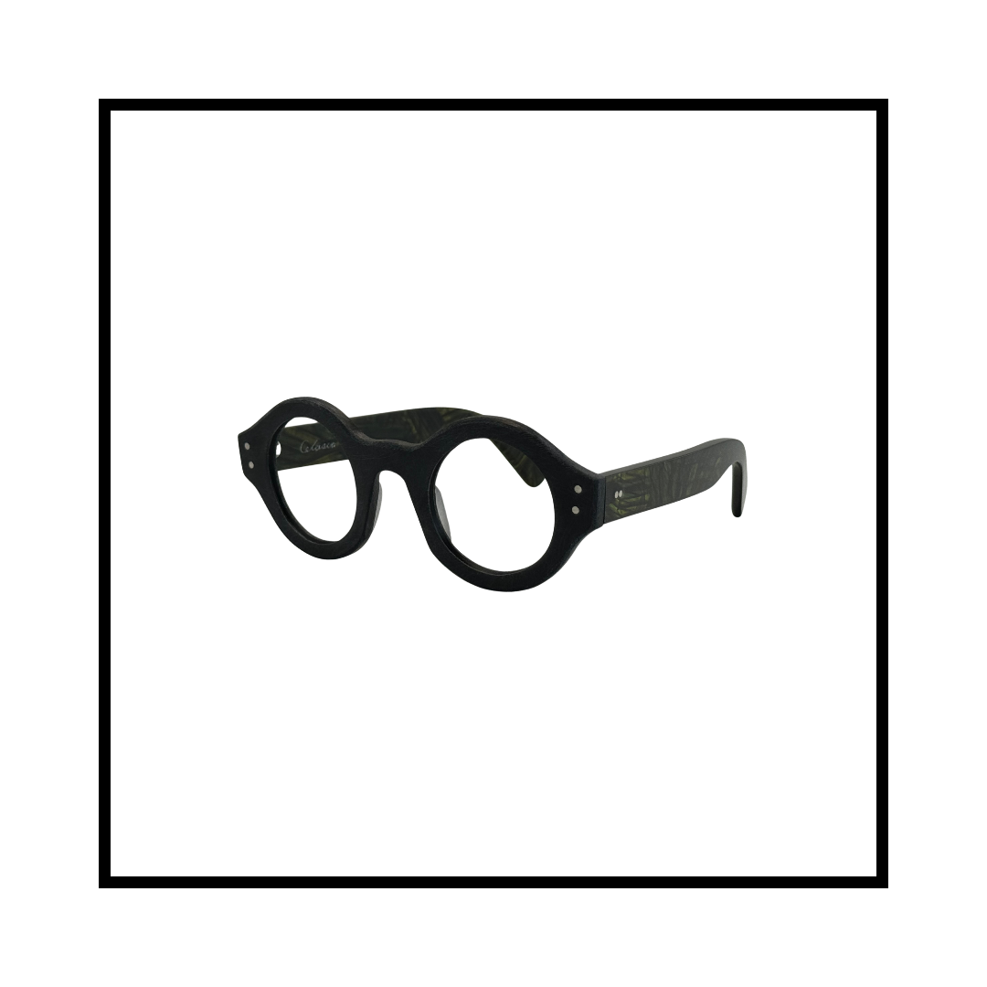 Black round glasses with thick frames and patterned temples
