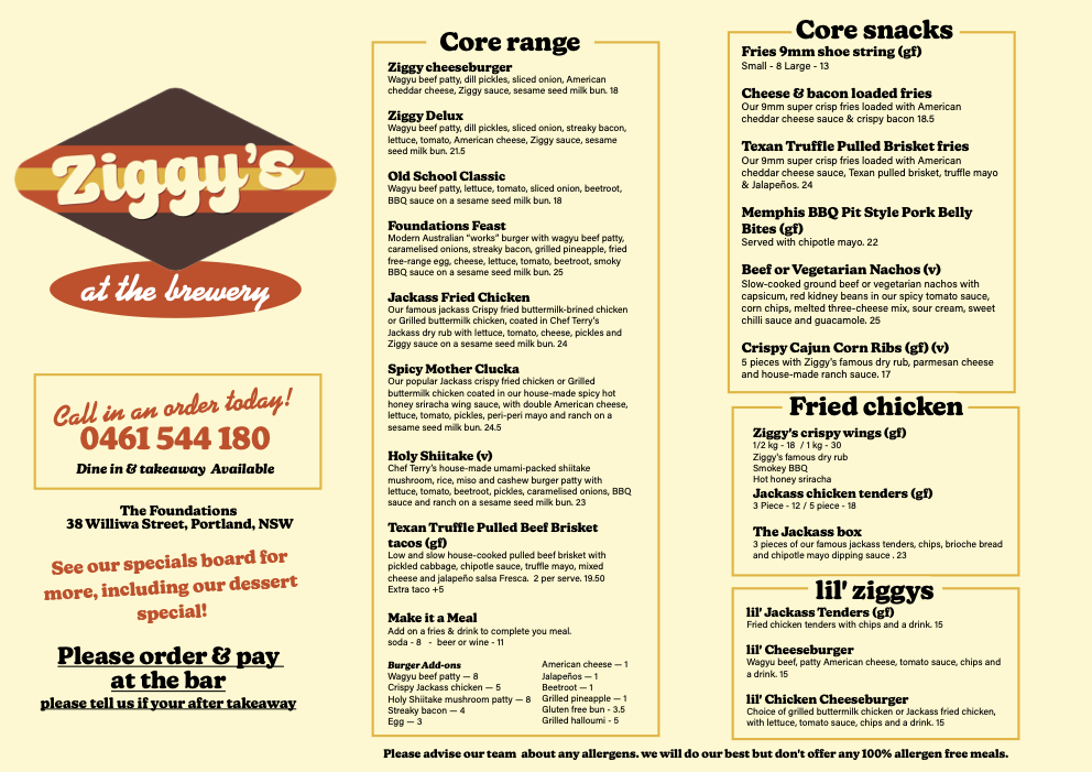 Menu from Ziggy's brewery featuring core range, core snacks, fried chicken, and Lil' Ziggys options, with contact and location details.