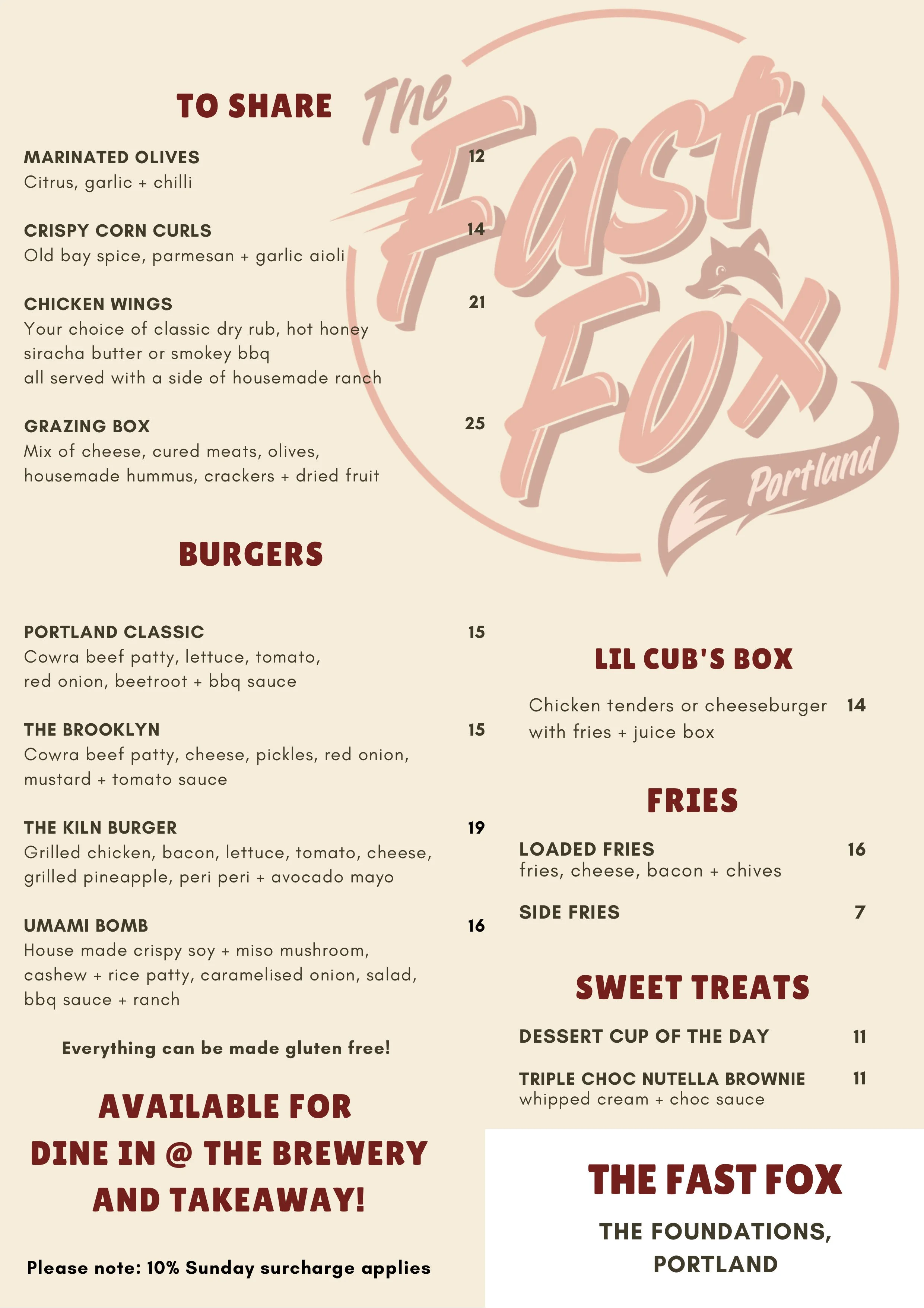 A restaurant menu with sections for sharing appetizers, burgers, sweet treats, and info about dine-in and takeaway options in Portland, Oregon.