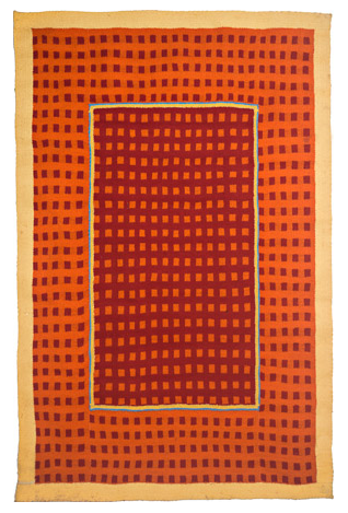 Yellow, Orange, Red, Machine knitted hanging laminated with Rhoplex to canvas, 60.5" x 38," 1978. Charlotte Cain - Tiny spot on red, stains on border