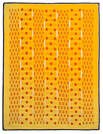 White Rite, Machine knitted hanging laminated with Rhoplex to canvas, 58.5" x 48.5," 1979, Charlotte Cain, Several bad spots in yellow border, otherwise pwerfect