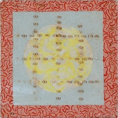 untitled, acrylic on masonite with glass beads, 4.15" x 4.15." signed C. Cain verso