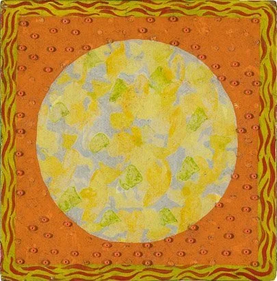 untitled, acrylic on masonite with glass beads, 4.15" x 4.15." 1969, signed C. Cain verso