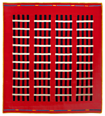 Red, White and Blue Plaid, Machine knitted hanging laminated with Rhoplex to canvas, 68.5" x 63," 1981, Charlotte Cain