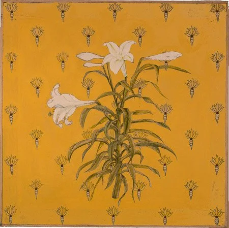 untitled [Easter lily and turnips], acrylic on stretched canvas with painted strip frame, 26.5" x 26.5," signed on verso