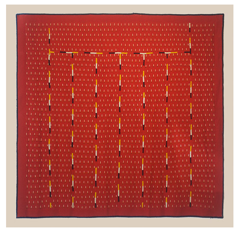 Raining of Arrows II, Machine knitted hanging laminated with Rhoplex to canvas, 70.5" x 69.5," 10/1978, Charlotte Cain, One tiny spot