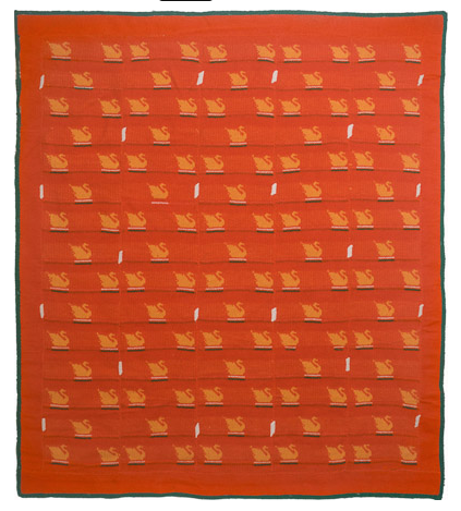 Swanset, Machine knitted hanging laminated with Rhoplex to canvas, 64" x 56.25," 1981, Charlotte Cain, Green edge band separating