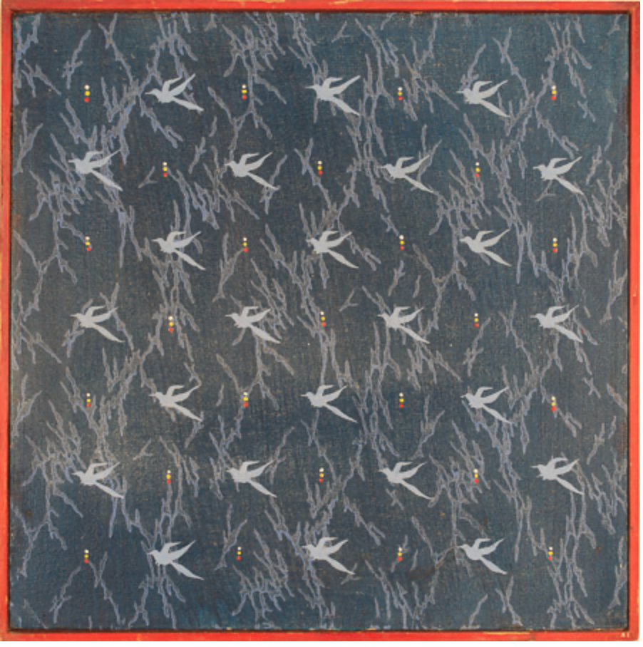 Recurring Small Forms #?, Acrylic on canvas with painted strip frame, 16.5" x 16.5"" 1982c, Nancy Lurie label on back.