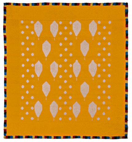 Yellow w/ White Baloons, Machine knitted hanging laminated with Rhoplex to canvas, c 51" x 47," 1980, Charlotte Cain, Many tiny spots but looks good....