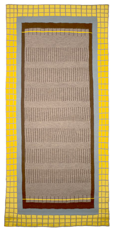 Flowing in a Thousand Streams, Machine knitted wool laminated to canvas, 81" x 38." 1976, Major Damage to Grey,Many spots in Yellow, One spot in Black