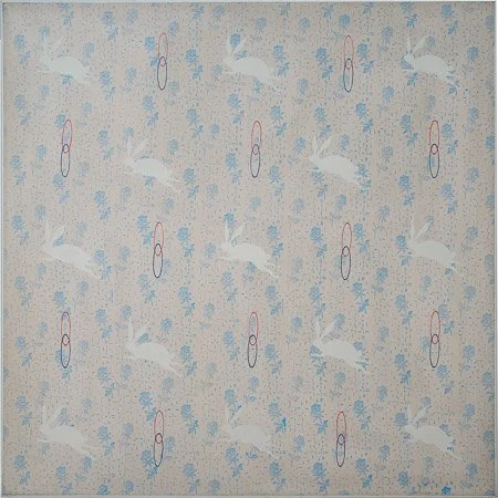 recurring small forms #31, acrylic on canvas with painted strip frame, 60.5" x 60.5, " 1982 signed on verso