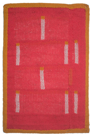 Quanta, Sample4, Machine knitted hanging laminated with Rhoplex to canvas,18.75" x 12.6," 1981, Charlotte Cain - Tiny holes in center....