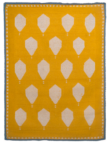 Small Yellow w/ Baloons, Machine knitted hanging laminated with Rhoplex to canvas, 42" x 31.5," 1981, Charlotte Cain - One Tiny Spot in Orange/Bright Yellow